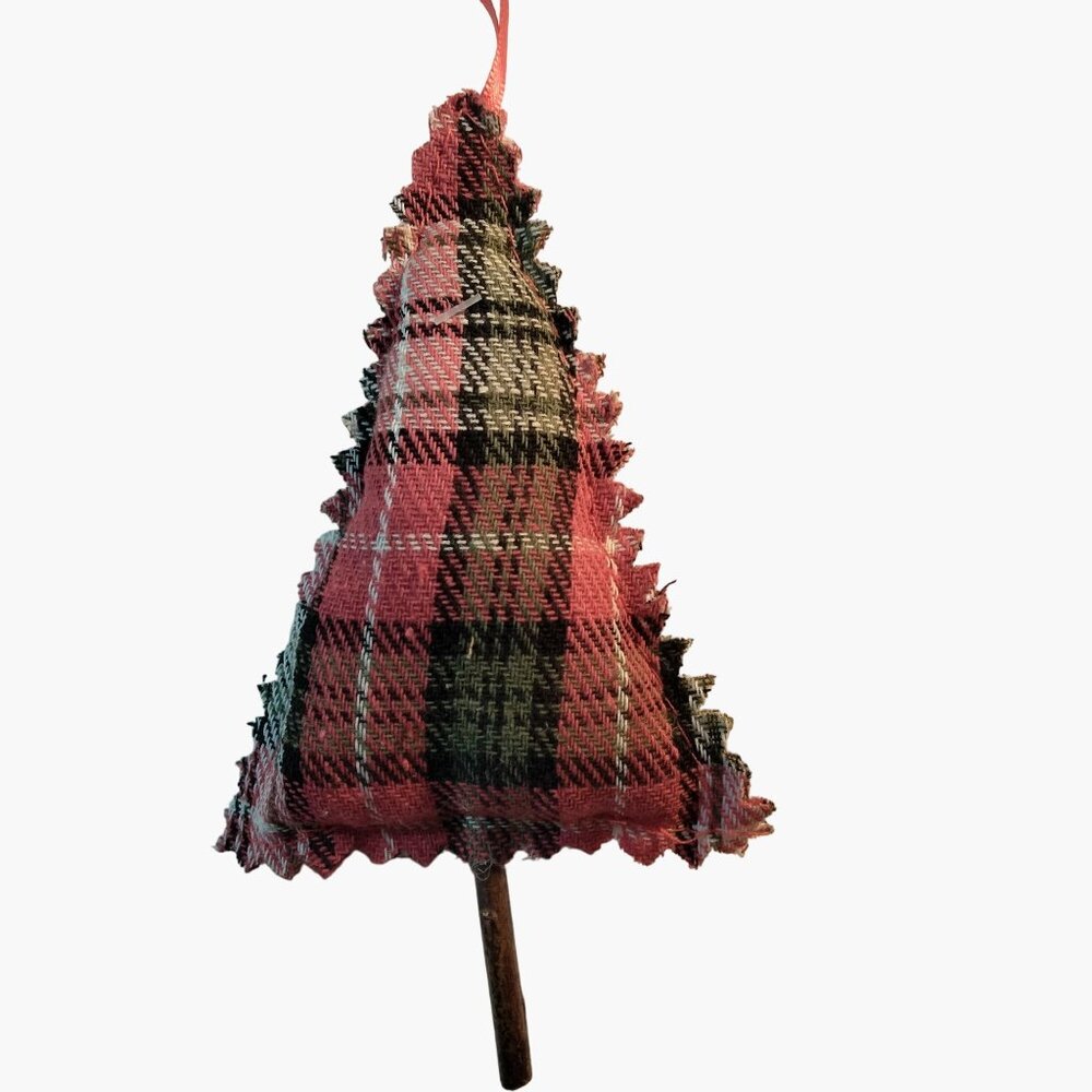 Plaid Fabric Christmas Tree Ornament With Ribbon Hanger